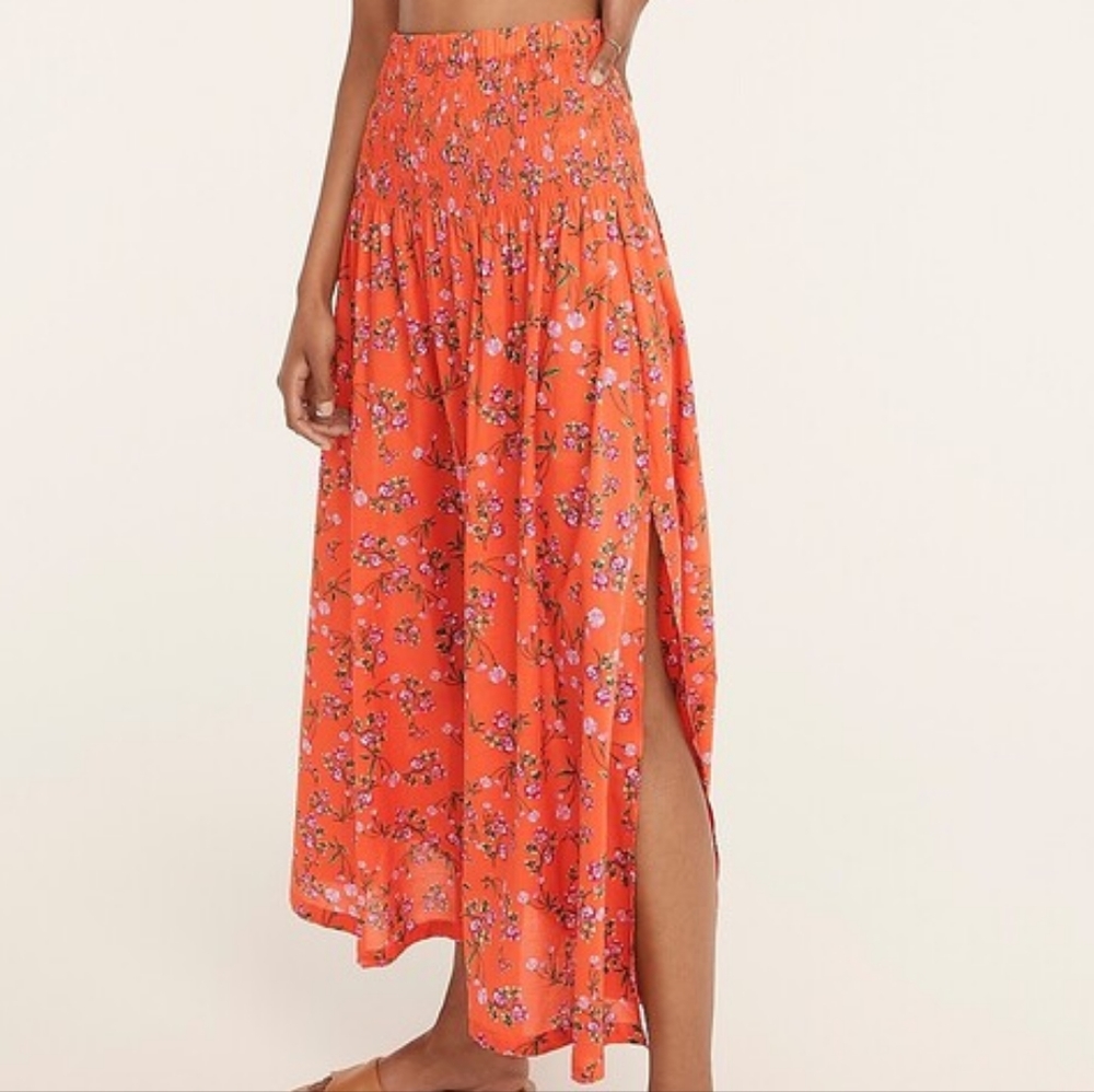 NWT J. Crew Smocked Floral Midi Skirt in Coral Pink with Slits
